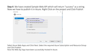 Step 4: We have created Sample Web API which will return "success" as a string.
Now we have to publish it in Azure. Right Click on the project and Click Publish
Select Azure Web Apps and Click Next. Select the required Azure Subscription and Resource Group
and Click Publish .
Now the Web Api App have been successfully Hosted In Azure.
 