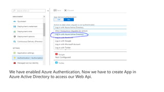 We have enabled Azure Authentication, Now we have to create App in
Azure Active Directory to access our Web Api.
 