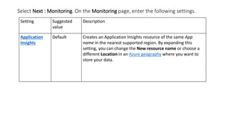 Select Next : Monitoring. On the Monitoring page, enter the following settings.
Setting Suggested
value
Description
Application
Insights
Default Creates an Application Insights resource of the same App
name in the nearest supported region. By expanding this
setting, you can change the New resource name or choose a
different Location in an Azure geography where you want to
store your data.
 