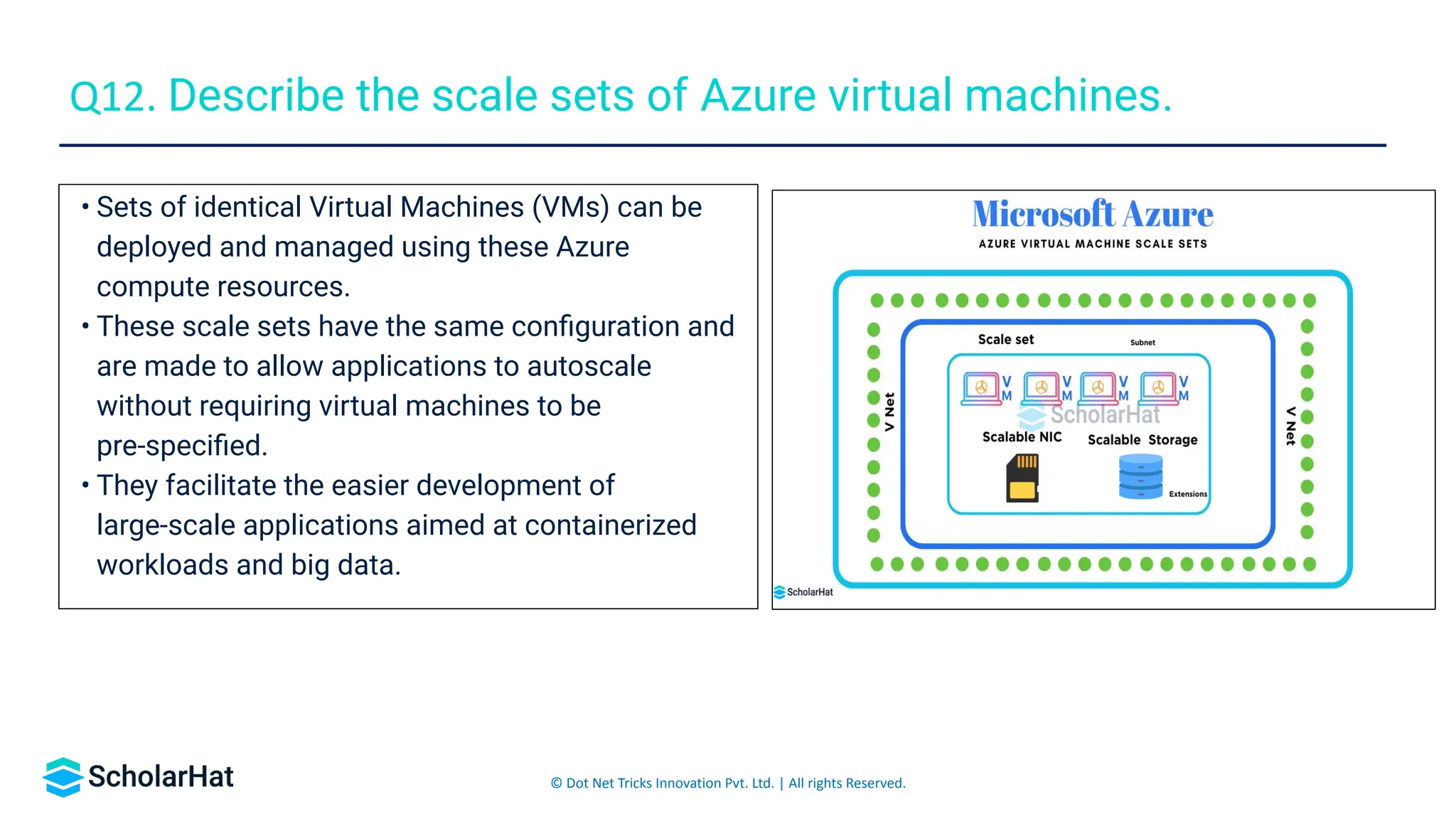 © Dot Net Tricks Innovation Pvt. Ltd. | All rights Reserved.
• Sets of identical Virtual Machines (VMs) can be
deployed and managed using these Azure
compute resources.
• These scale sets have the same conﬁguration and
are made to allow applications to autoscale
without requiring virtual machines to be
pre-speciﬁed.
• They facilitate the easier development of
large-scale applications aimed at containerized
workloads and big data.
Q12. Describe the scale sets of Azure virtual machines.
 