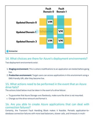 16. Are you able to create Azure applications that can deal with
connection failures?
Certainly, the Transient Fault Handling Block makes it feasible. Periodic application-to-
database connection failures with more load balancers, slower calls, and timeouts in multi-
15. What actions need to be performed in the event that an Azure
drive fails?
The actions listed below must be taken in the event of a drive failure:
14. What choices are there for Azure's deployment environments?
Two deployment environments exist:
To guarantee that Azure Storage runs ﬂawlessly, make sure the drive is not mounted.
Change out the drive remount and format it.
1. Staging environment: This is where modiﬁcations to an application are tested before going
live.
2. Production environment: Target users can access applications in this environment using a
DNS-friendly URL after they become live.
 