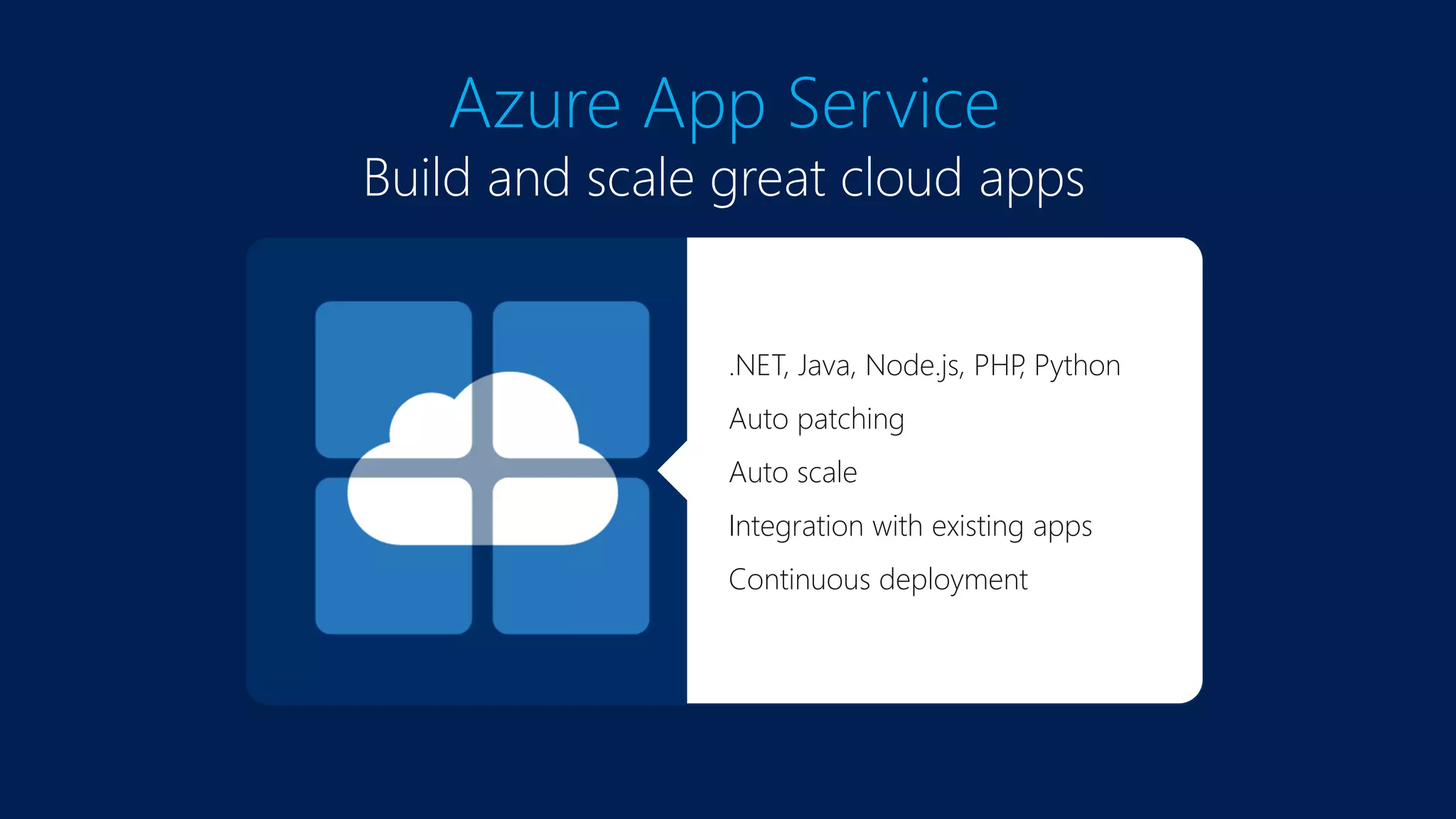 Azure App Service
Build and scale great cloud apps
Web Apps
Mobile Apps
Logic Apps
API Apps
.NET, Java, Node.js, PHP, Python
Auto patching
Auto scale
Integration with existing apps
Continuous deployment
 
