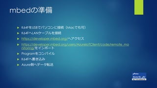 Μʱ
? K64FUSBǥѥ˽ӾAMacǤɣ
? K64FLAN`֥ӾA
? https://developer.mbed.org/إ
? https://developer.mbed.org/users/AzureIoTClient/code/remote_mo
nitoring/򥤥ݩ`
? Program򥳥ѥ
? K64Fؕz
? AzureȤإǩ`ܞ
 