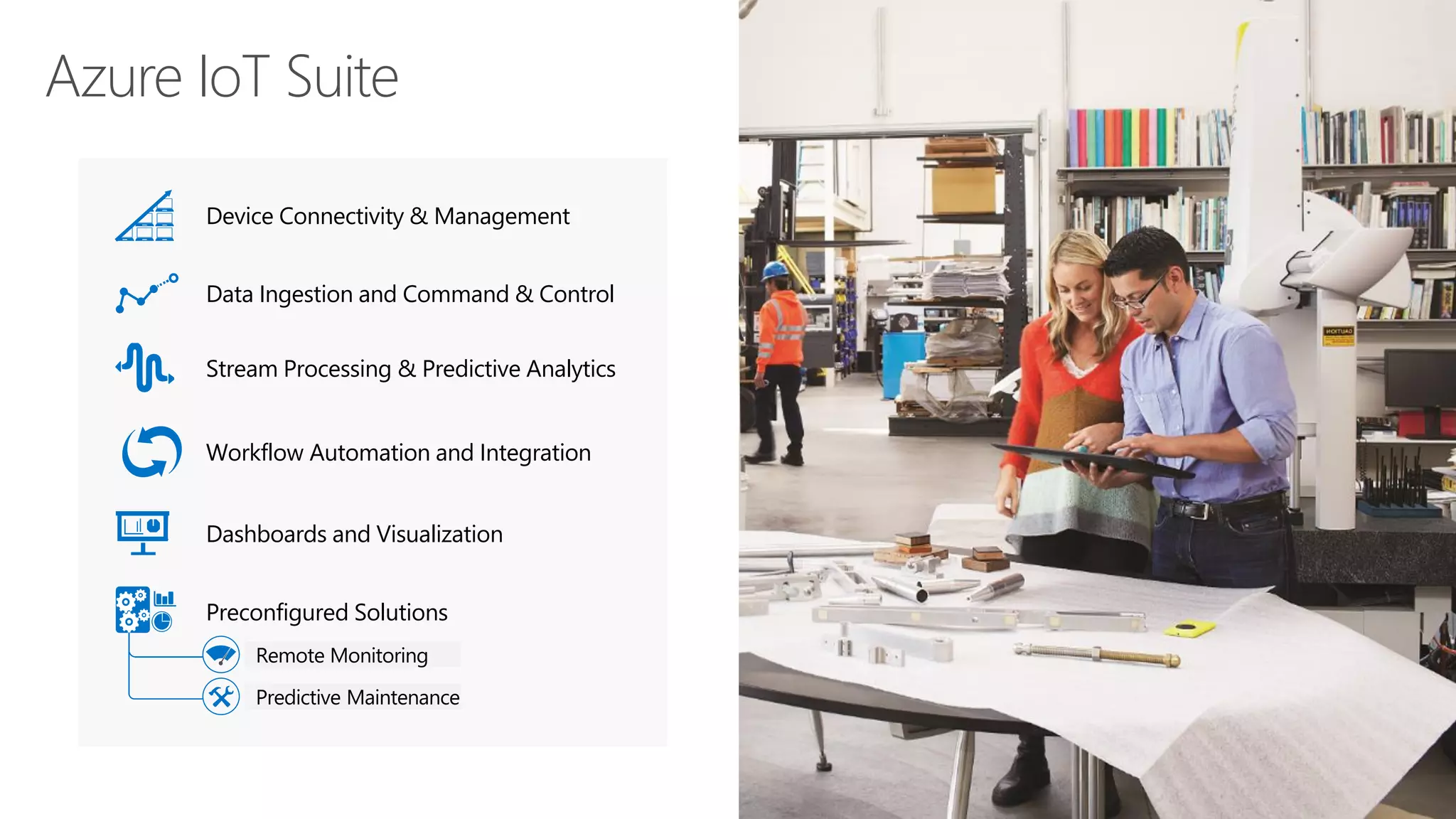 Azure IoT Suite
Device Connectivity & Management
Data Ingestion and Command & Control
Stream Processing & Predictive Analytics
Workflow Automation and Integration
Dashboards and Visualization
Preconfigured Solutions
Predictive Maintenance
Remote Monitoring