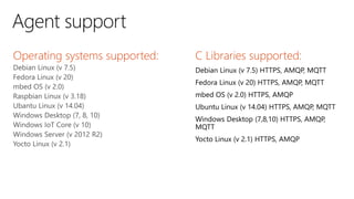 Agent support
Operating systems supported:
Debian Linux (v 7.5)
Fedora Linux (v 20)
mbed OS (v 2.0)
Raspbian Linux (v 3.18)
Ubantu Linux (v 14.04)
Windows Desktop (7, 8, 10)
Windows IoT Core (v 10)
Windows Server (v 2012 R2)
Yocto Linux (v 2.1)
C Libraries supported:
 