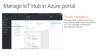 Manage IoT Hub in Azure portal
Simple navigation
Management of devices, volume
and scaling made easy through the
IoT Hub settings in the Azure
Management Portal
 