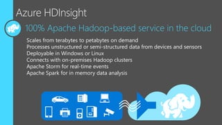Scales from terabytes to petabytes on demand
Processes unstructured or semi-structured data from devices and sensors
Deployable in Windows or Linux
Connects with on-premises Hadoop clusters
Apache Storm for real-time events
Apache Spark for in memory data analysis
 
