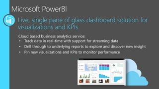 Cloud based business analytics service:
• Track data in real-time with support for streaming data
• Drill through to underlying reports to explore and discover new insight
• Pin new visualizations and KPIs to monitor performance
 