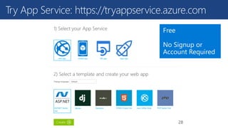 Try App Service: https://tryappservice.azure.com
28
 