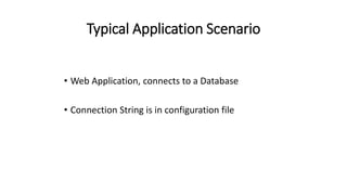 Typical Application Scenario
• Web Application, connects to a Database
• Connection String is in configuration file
 