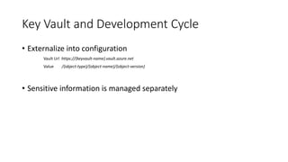 Key Vault and Development Cycle
• Externalize into configuration
Vault Url https://{keyvault-name}.vault.azure.net
Value /{object-type}/{object-name}/{object-version}
• Sensitive information is managed separately
 