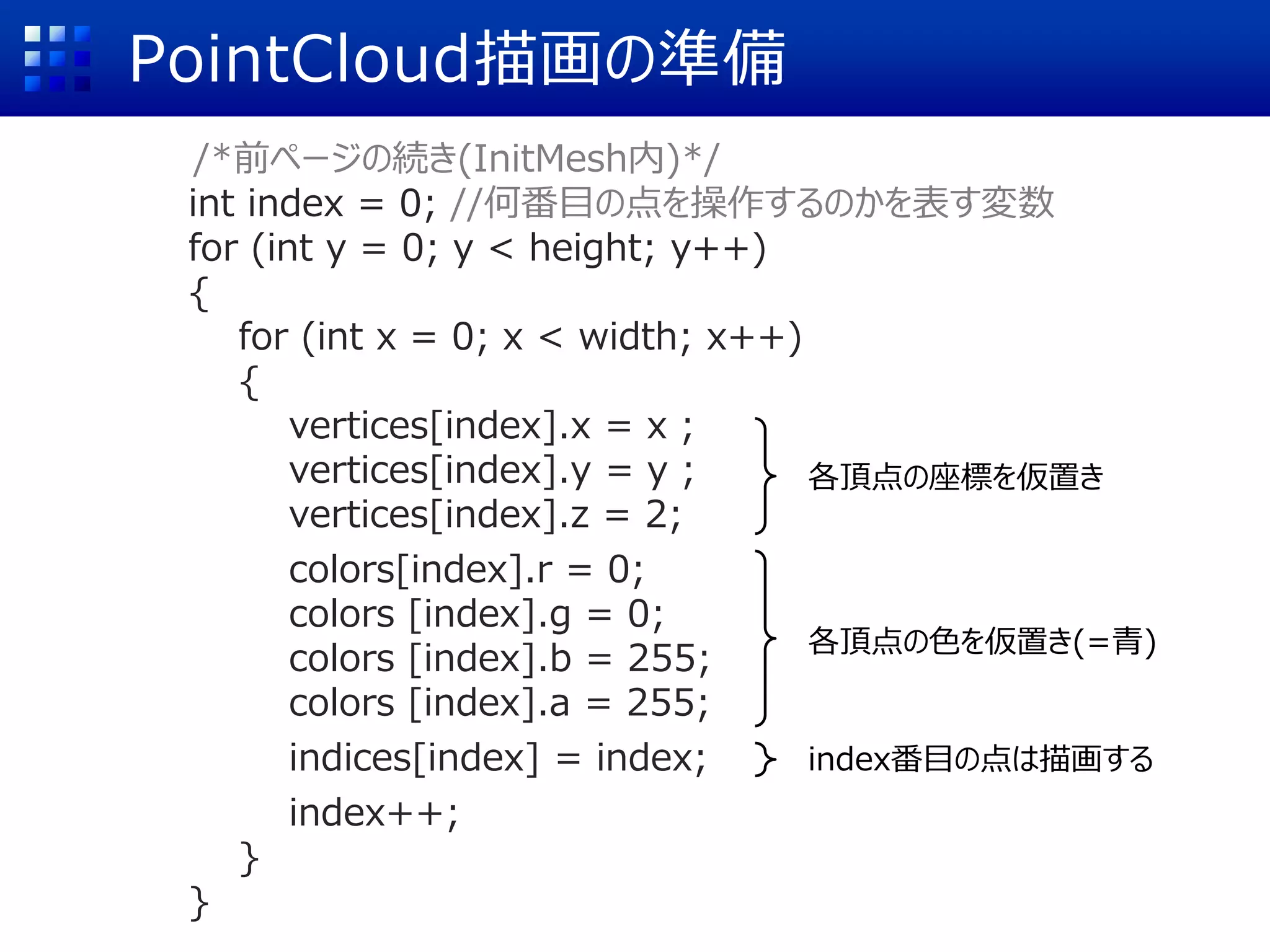 PointCloud描画の準備
/*前ページの続き(InitMesh内)*/
int index = 0; //何番目の点を操作するのかを表す変数
for (int y = 0; y < height; y++)
{
for (int x = 0; x < width; x++)
{
vertices[index].x = x ;
vertices[index].y = y ;
vertices[index].z = 2;
colors[index].r = 0;
colors [index].g = 0;
colors [index].b = 255;
colors [index].a = 255;
indices[index] = index;
index++;
}
}
各頂点の座標を仮置き
各頂点の色を仮置き(=青)
index番目の点は描画する
 