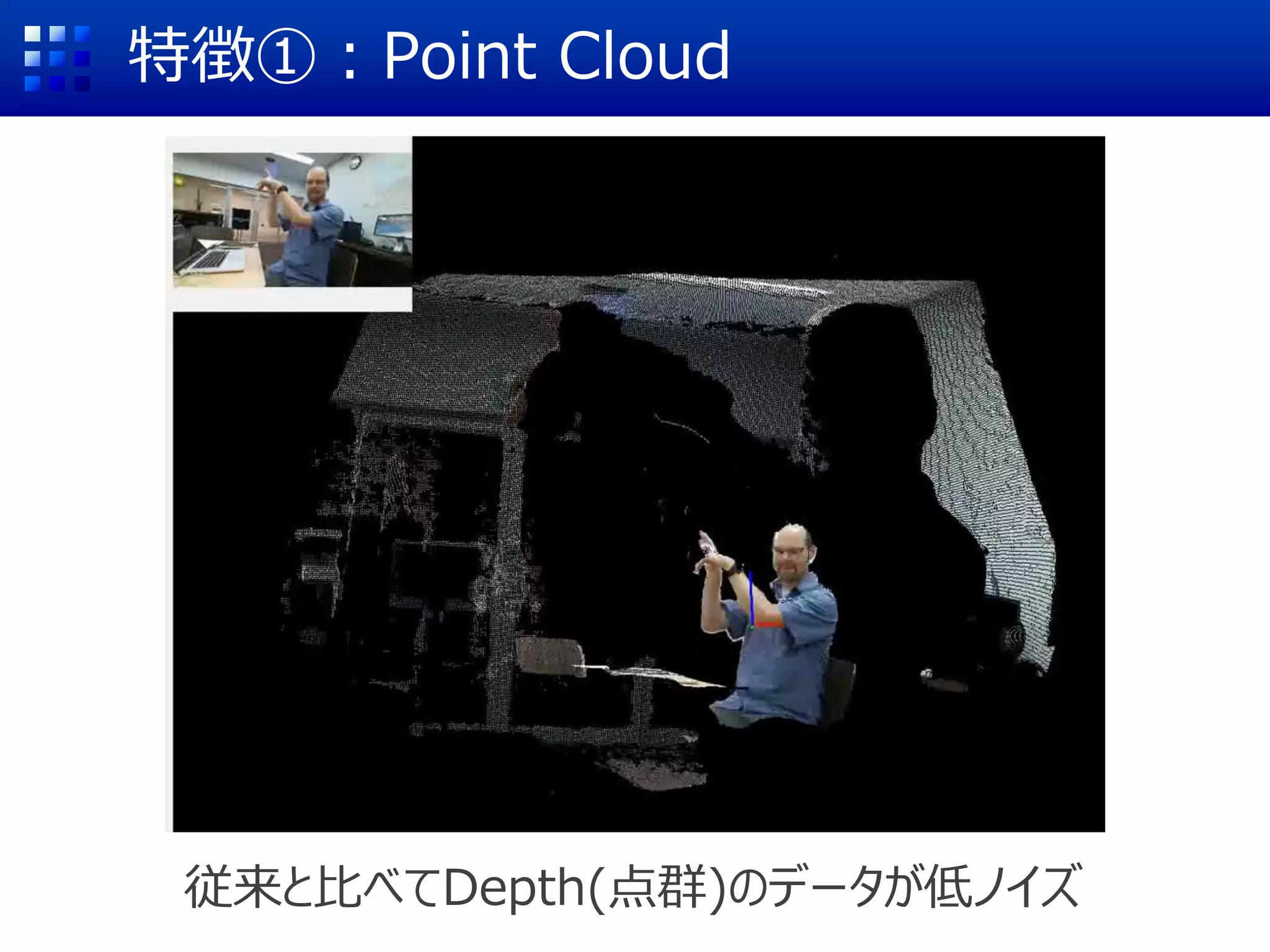 特徴①：Point Cloud
従来と比べてDepth(点群)のデータが低ノイズ
 