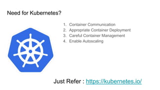 Need for Kubernetes?
1. Container Communication
2. Appropriate Container Deployment
3. Careful Container Management
4. Enable Autoscaling
Just Refer : https://kubernetes.io/
 