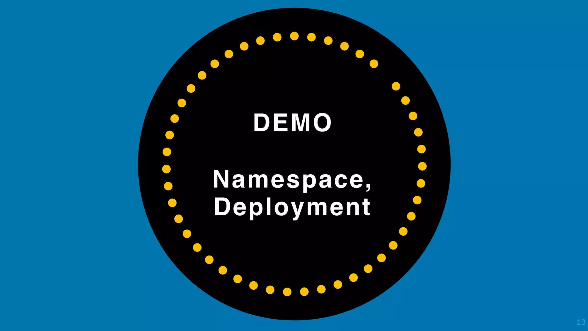 DEMO 
 
Namespace,
Deployment
!13
 