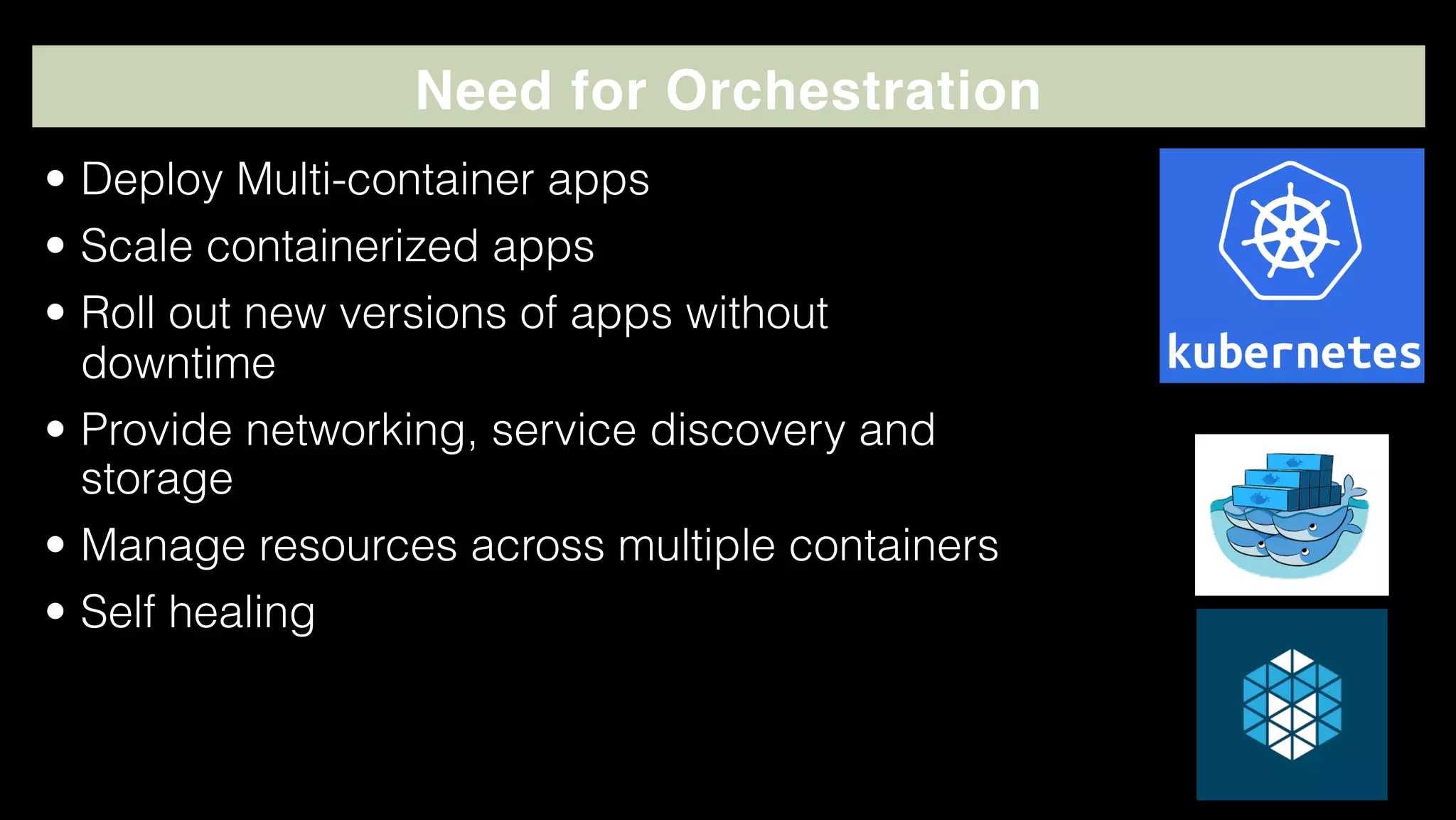 Need for Orchestration
• Deploy Multi-container apps
• Scale containerized apps
• Roll out new versions of apps without
downtime
• Provide networking, service discovery and
storage
• Manage resources across multiple containers
• Self healing
 