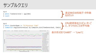 where
count
CPU使用率のコンピューターご
と、かつ15分ごとの平均値
Perf
| where CounterName == "% Processor Time"
| summarize avg(CounterValue) by Computer,bin(TimeGenerated, 15min)
直近90日の性能データ件数
をカウント
表示形式を“CHART” → “Line”に
 