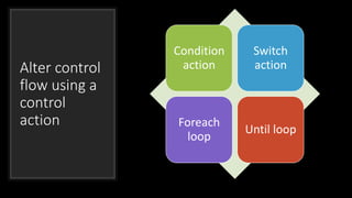 Alter control
flow using a
control
action
Condition
action
Switch
action
Foreach
loop
Until loop
 