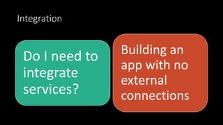 Integration
Do I need to
integrate
services?
Building an
app with no
external
connections
 