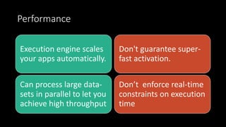 Performance
Execution engine scales
your apps automatically.
Can process large data-
sets in parallel to let you
achieve high throughput
Don't guarantee super-
fast activation.
Don’t enforce real-time
constraints on execution
time
 