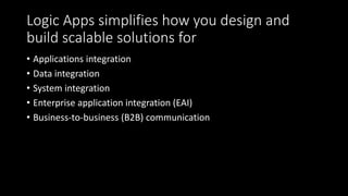 Logic Apps simplifies how you design and
build scalable solutions for
• Applications integration
• Data integration
• System integration
• Enterprise application integration (EAI)
• Business-to-business (B2B) communication
 