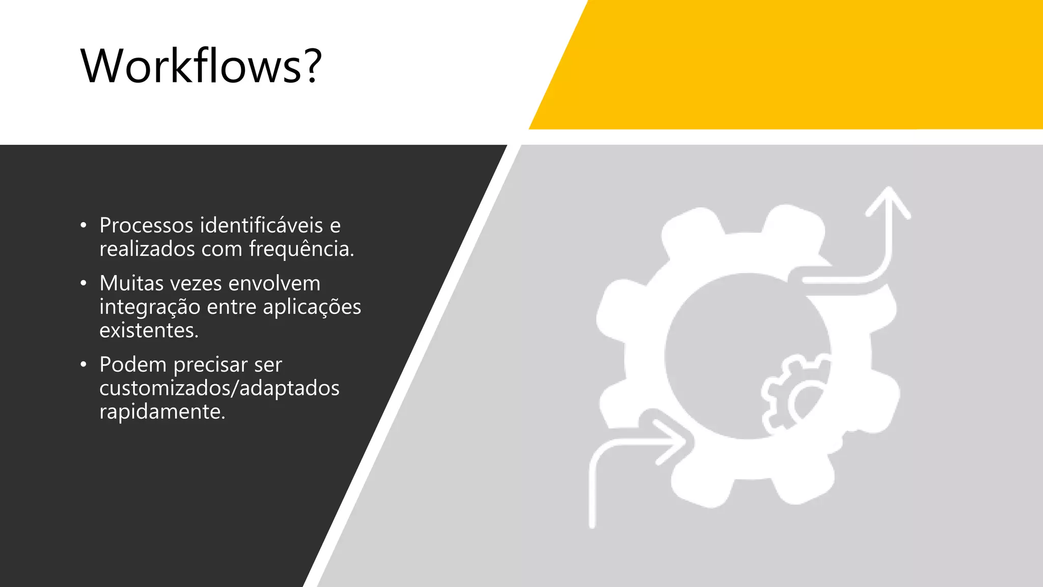 Workflows?
• Processos identificáveis e
realizados com frequência.
• Muitas vezes envolvem
integração entre aplicações
existentes.
• Podem precisar ser
customizados/adaptados
rapidamente.
 