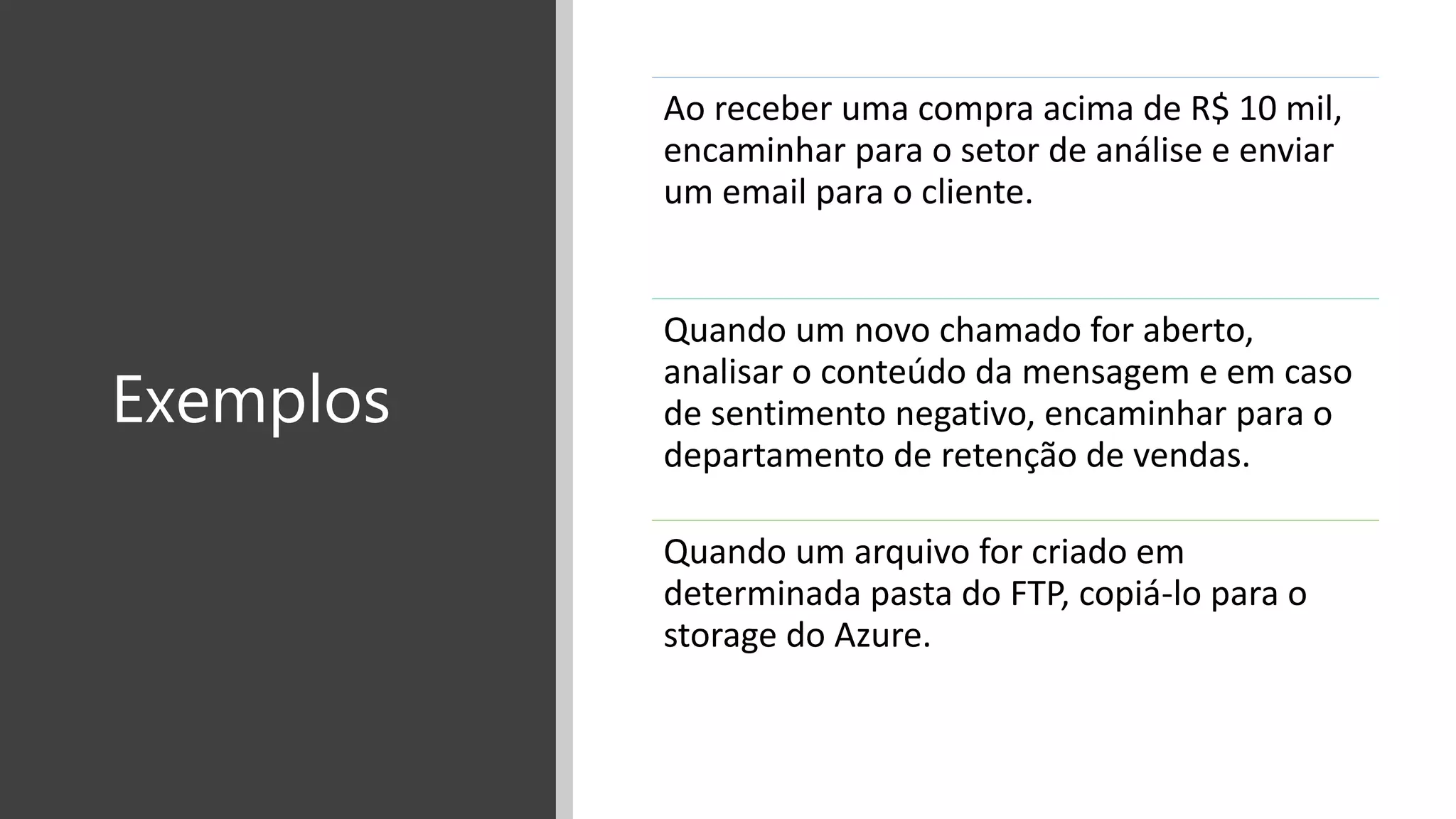 Exemplos
Ao receber uma compra acima de R$ 10 mil,
encaminhar para o setor de análise e enviar
um email para o cliente.
Quando um novo chamado for aberto,
analisar o conteúdo da mensagem e em caso
de sentimento negativo, encaminhar para o
departamento de retenção de vendas.
Quando um arquivo for criado em
determinada pasta do FTP, copiá-lo para o
storage do Azure.
 