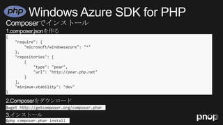 {
"require": {
"microsoft/windowsazure": "*"
},
"repositories": [
{
"type": "pear",
"url": "http://pear.php.net"
}
],
"minimum-stability": "dev"
}
$php composer.phar install
$wget http://getcomposer.org/composer.phar
 