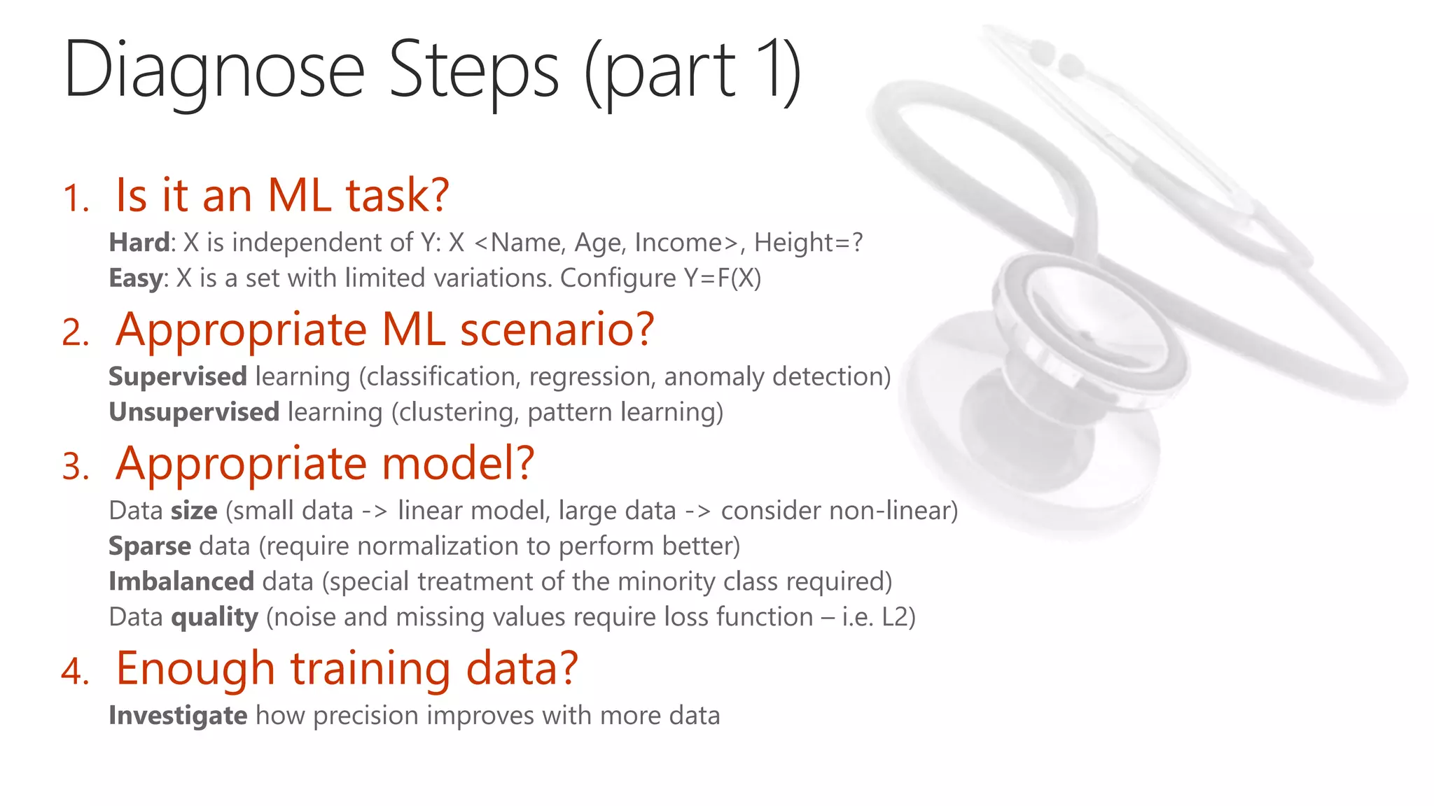 1. Is it an ML task?
Hard: X is independent of Y: X <Name, Age, Income>, Height=?
Easy: X is a set with limited variations. Configure Y=F(X)
2. Appropriate ML scenario?
Supervised learning (classification, regression, anomaly detection)
Unsupervised learning (clustering, pattern learning)
3. Appropriate model?
Data size (small data -> linear model, large data -> consider non-linear)
Sparse data (require normalization to perform better)
Imbalanced data (special treatment of the minority class required)
Data quality (noise and missing values require loss function – i.e. L2)
4. Enough training data?
Investigate how precision improves with more data
 