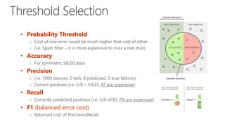 • Probability Threshold
o Cost of one error could be much higher that cost of other
o (i.e. Spam filter – it is more expensive to miss a real mail)
• Accuracy
o For symmetric 50/50 data
• Precision
o (i.e. 1000 devices, 6 fails, 8 predicted, 5 true failures)
o Correct positives (i.e. 5/8 = 0.625, FP are expensive)
• Recall
o Correctly predicted positives (i.e. 5/6=0.83, FN are expensive)
• F1 (balanced error cost)
o Balanced cost of Precision/Recall
 