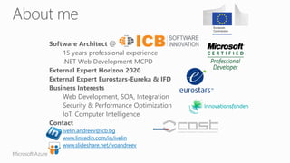 Software Architect @
15 years professional experience
.NET Web Development MCPD
External Expert Horizon 2020
External Expert Eurostars-Eureka & IFD
Business Interests
Web Development, SOA, Integration
Security & Performance Optimization
IoT, Computer Intelligence
Contact
ivelin.andreev@icb.bg
www.linkedin.com/in/ivelin
www.slideshare.net/ivoandreev
 