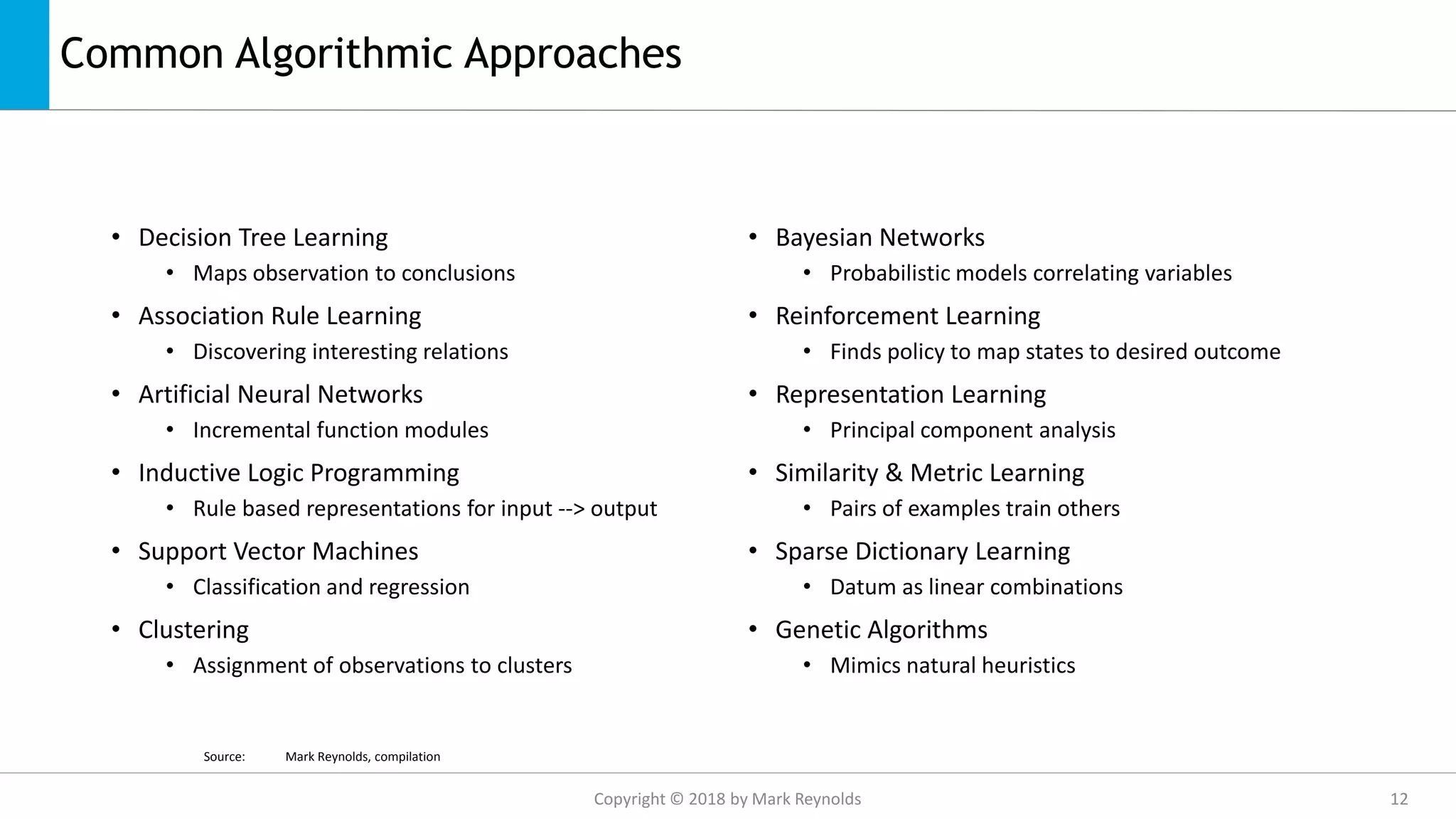 Common Algorithmic Approaches
• Decision Tree Learning
• Maps observation to conclusions
• Association Rule Learning
• Discovering interesting relations
• Artificial Neural Networks
• Incremental function modules
• Inductive Logic Programming
• Rule based representations for input --> output
• Support Vector Machines
• Classification and regression
• Clustering
• Assignment of observations to clusters
• Bayesian Networks
• Probabilistic models correlating variables
• Reinforcement Learning
• Finds policy to map states to desired outcome
• Representation Learning
• Principal component analysis
• Similarity & Metric Learning
• Pairs of examples train others
• Sparse Dictionary Learning
• Datum as linear combinations
• Genetic Algorithms
• Mimics natural heuristics
Source: Mark Reynolds, compilation
Copyright © 2018 by Mark Reynolds 12
 
