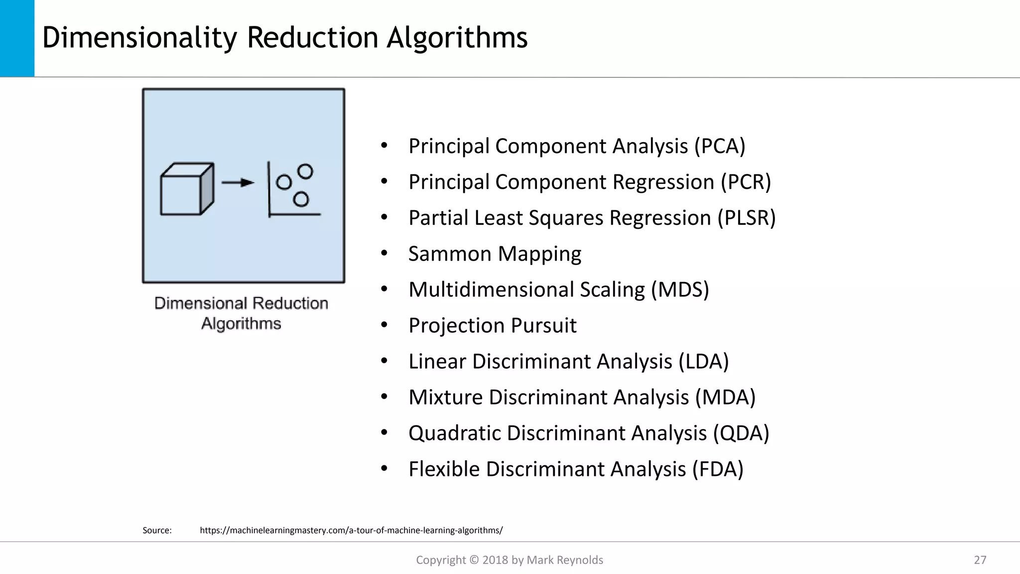 Dimensionality Reduction Algorithms
• Principal Component Analysis (PCA)
• Principal Component Regression (PCR)
• Partial Least Squares Regression (PLSR)
• Sammon Mapping
• Multidimensional Scaling (MDS)
• Projection Pursuit
• Linear Discriminant Analysis (LDA)
• Mixture Discriminant Analysis (MDA)
• Quadratic Discriminant Analysis (QDA)
• Flexible Discriminant Analysis (FDA)
Source: https://machinelearningmastery.com/a-tour-of-machine-learning-algorithms/
Copyright © 2018 by Mark Reynolds 27
 