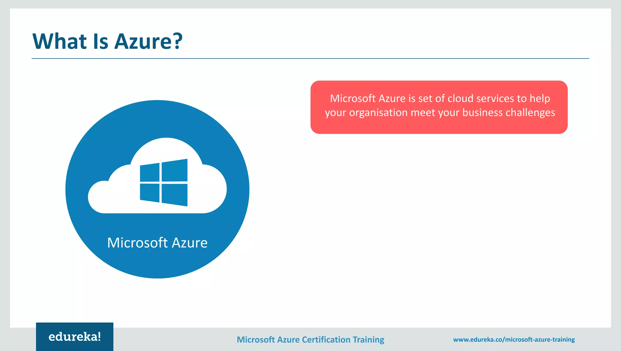 Microsoft Azure Certification Training www.edureka.co/microsoft-azure-training
What Is Azure?
Microsoft Azure
Microsoft Azure is set of cloud services to help
your organisation meet your business challenges
It’s the freedom to build, manage and deploy
applications on a massive, global network
Using your favourite tools and frameworks
 