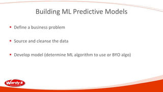 Building ML Predictive Models
 Define a business problem
 Source and cleanse the data
 Develop model (determine ML algorithm to use or BYO algo)
 