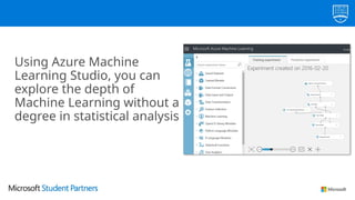 Using Azure Machine
Learning Studio, you can
explore the depth of
Machine Learning without a
degree in statistical analysis
 