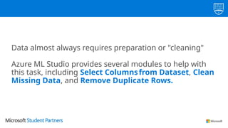 Data almost always requires preparation or "cleaning"
Azure ML Studio provides several modules to help with
this task, including Select Columnsfrom Dataset, Clean
Missing Data, and Remove Duplicate Rows.
 