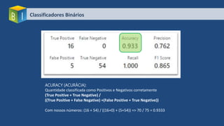 ACURACY (ACURÁCIA):
Quantidade classificada como Positivos e Negativos corretamente
(True Positive + True Negative) /
((True Positive + False Negative) +(False Positive + True Negative))
Com nossos números: (16 + 54) / ((16+0) + (5+54)) => 70 / 75 = 0.9333
Classificadores Binários
 