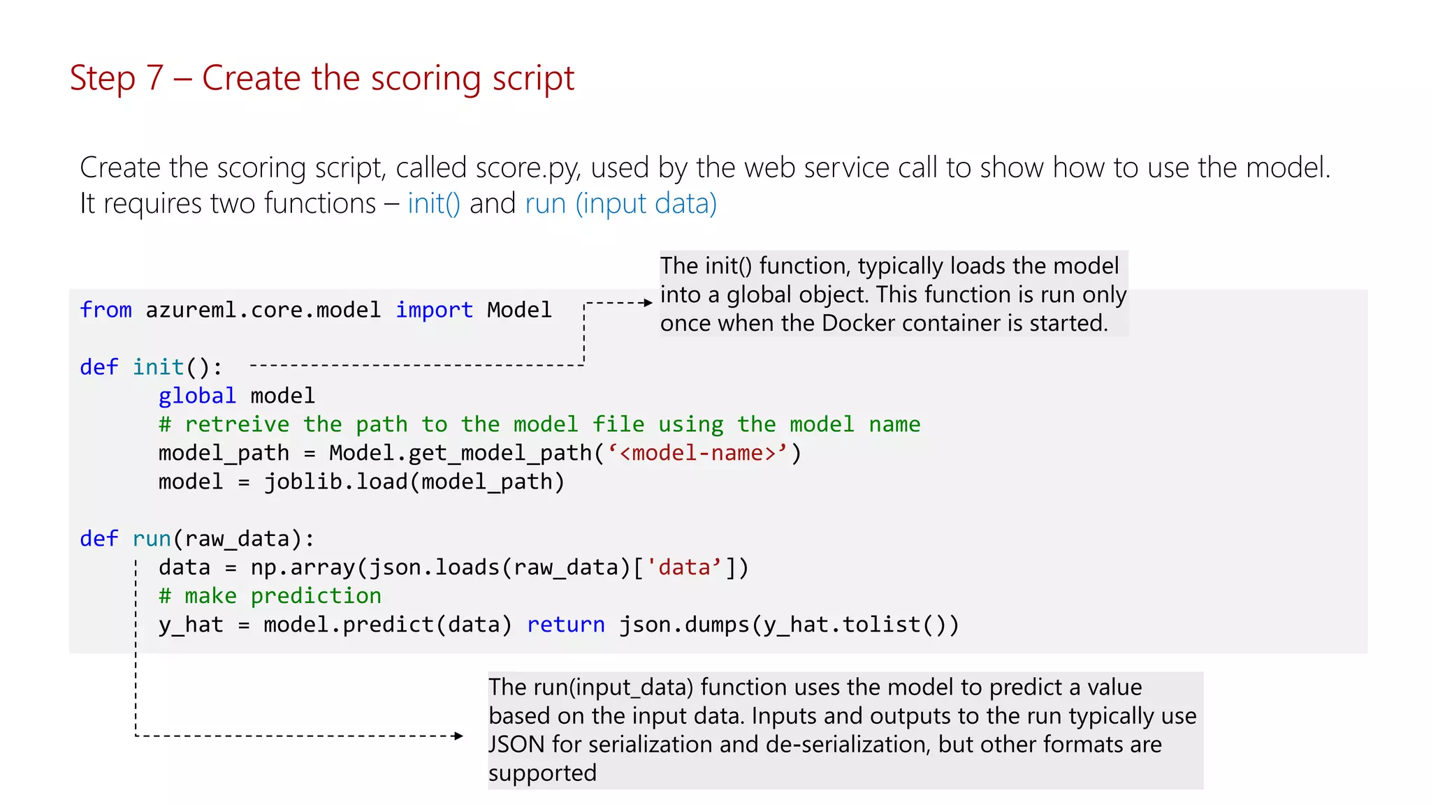 Step 7 – Create the scoring script
Create the scoring script, called score.py, used by the web service call to show how to use the model.
It requires two functions – init() and run (input data)
from azureml.core.model import Model
def init():
global model
# retreive the path to the model file using the model name
model_path = Model.get_model_path(‘<model-name>’)
model = joblib.load(model_path)
def run(raw_data):
data = np.array(json.loads(raw_data)['data’])
# make prediction
y_hat = model.predict(data) return json.dumps(y_hat.tolist())
 