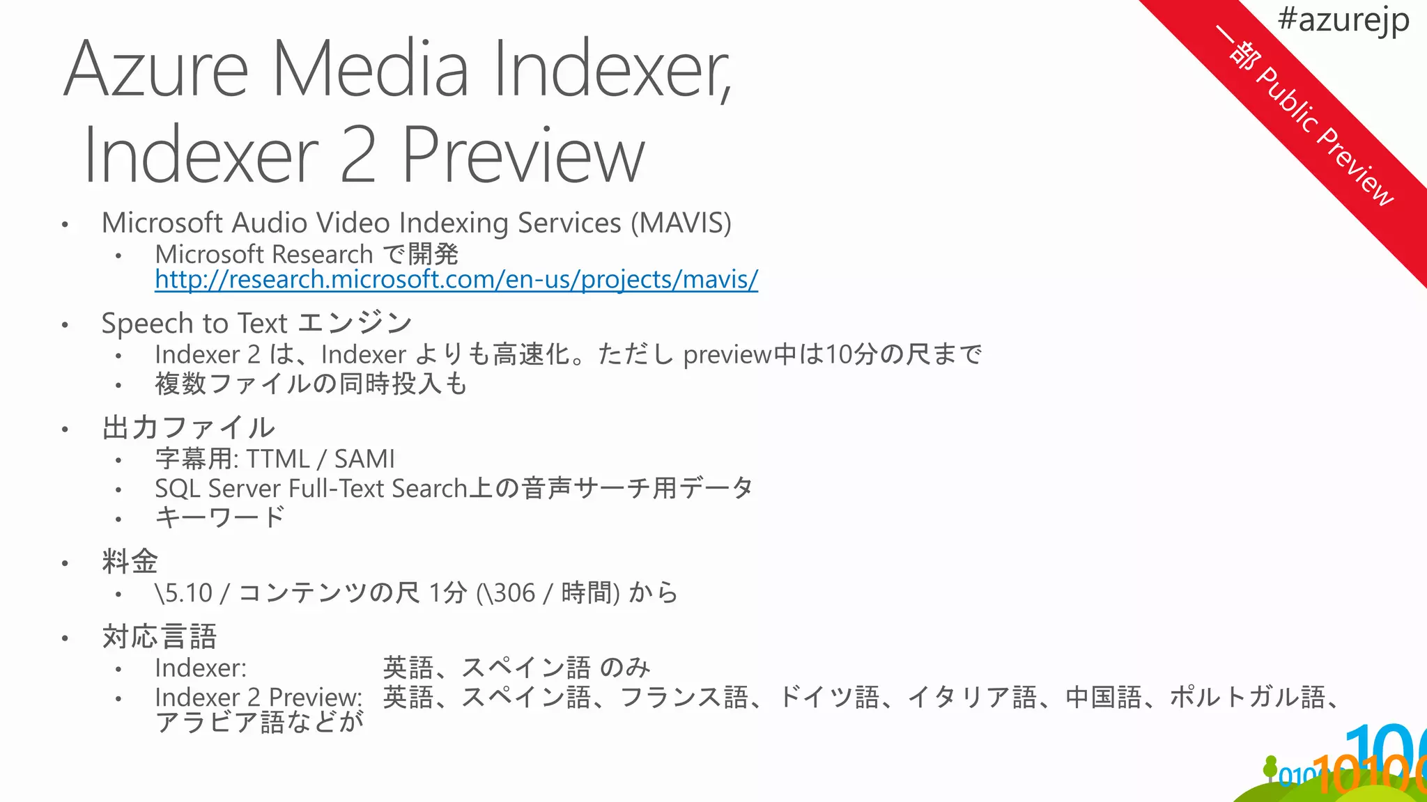 Speech-to-
text
話しているテキストを
抽出
現在、8言語対応
Face &
Emotion
detection
顔のカウントおよび
性別・年齢・感情の判
定
Hyperlapse
スタビライザーとタイ
ムラプス
Video
summarizatio
n
ハイライトシーンによ
る
サマリービデオの自動
作成
Motion
detection
動きのあった箇所の検
知
Object
Character
Recognition
(OCR)
ビデオ内の画像から、
テキストを抽出
450 6th St.
San
Francisco
Face
Redaction
特定の人の顔に
ぼかしを入れる
 