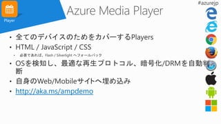 Player
• 全てのデバイスのためをカバーするPlayers
• HTML / JavaScript / CSS
• 必要であれば、Flash / Silverlight へフォールバック
• OSを検知し、最適な再生プロトコル、暗号化/DRMを自動判
断
• 自身のWeb/Mobileサイトへ埋め込み
• http://aka.ms/ampdemo
 
