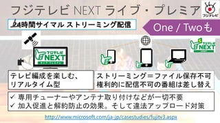 24時間サイマル ストリーミング配信
 専用チューナーやアンテナ取り付けなどが一切不要
 加入促進と解約防止の効果。そして違法アップロード対策
ストリーミング＝ファイル保存不可
権利的に配信不可の番組は差し替え
テレビ編成を楽しむ、
リアルタイム型
http://www.microsoft.com/ja-jp/casestudies/fujitv3.aspx
 