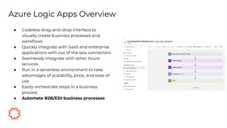 ● Codeless drag-and-drop interface to
visually create business processes and
workﬂows
● Quickly integrate with SaaS and enterprise
applications with out of the box connectors
● Seamlessly integrate with other Azure
services
● Run in a serverless environment to take
advantages of scalability, price, and ease of
use
● Easily orchestrate steps in a business
process
● Automate B2B/EDI business processes
Azure Logic Apps Overview
 