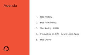 1. B2B History
2. B2B Pain Points
3. The Reality of B2B
4. Innovating on B2B - Azure Logic Apps
5. B2B Demo
Agenda
 