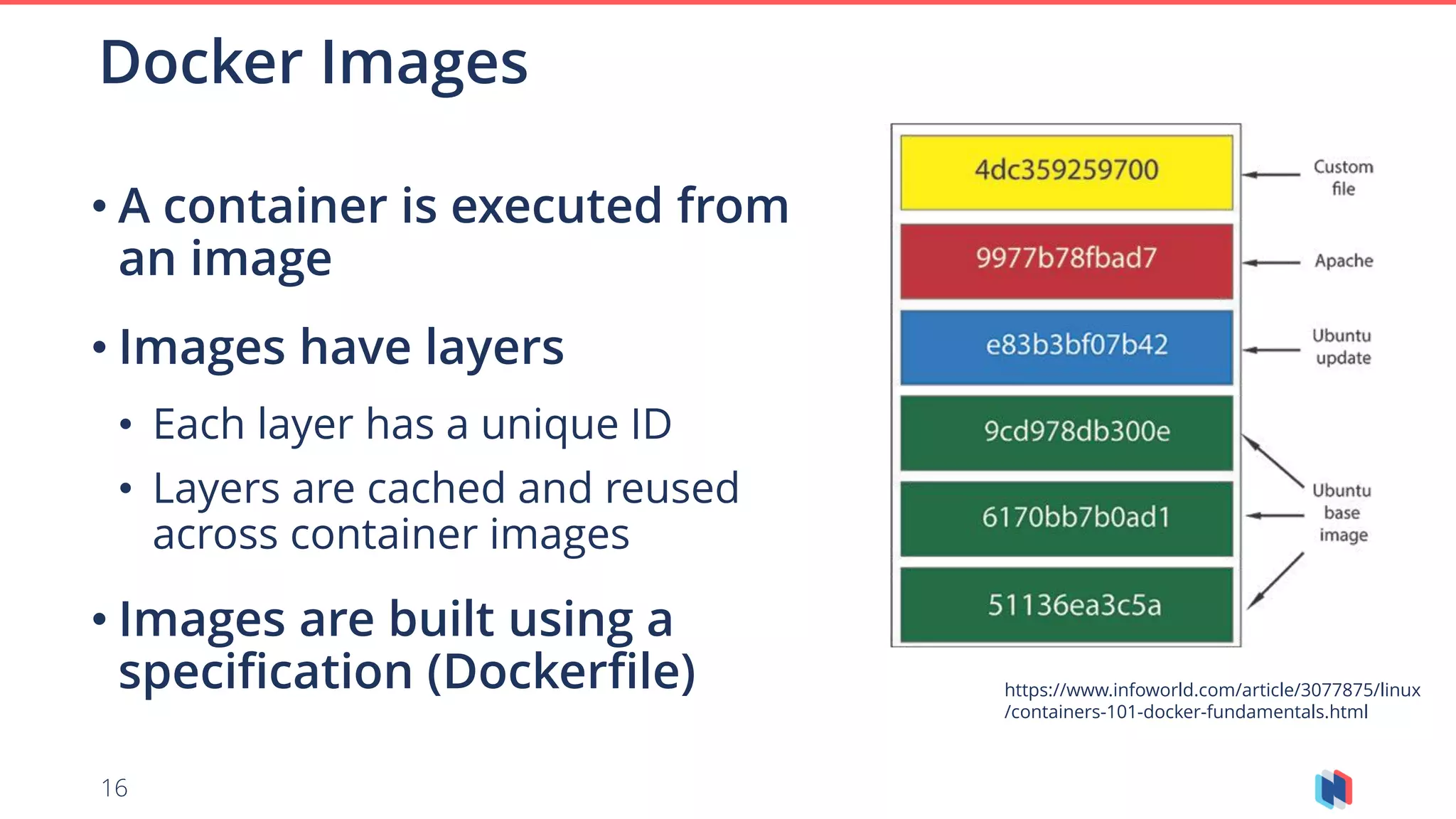 16
• A container is executed from
an image
• Images have layers
• Each layer has a unique ID
• Layers are cached and reused
across container images
• Images are built using a
specification (Dockerfile)
Docker Images
https://www.infoworld.com/article/3077875/linux
/containers-101-docker-fundamentals.html
 