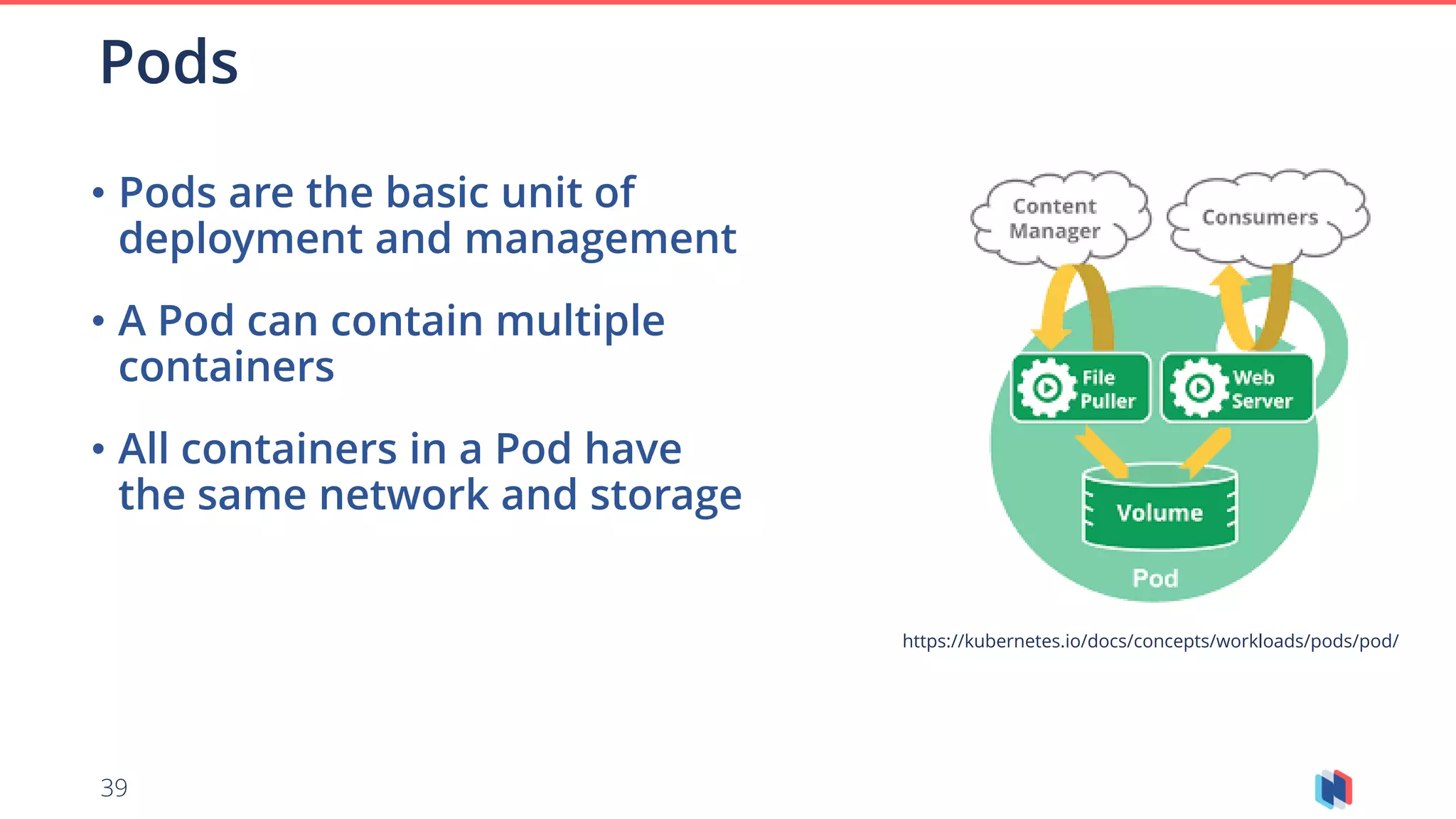 39
Pods
• Pods are the basic unit of
deployment and management
• A Pod can contain multiple
containers
• All containers in a Pod have
the same network and storage
https://kubernetes.io/docs/concepts/workloads/pods/pod/
 