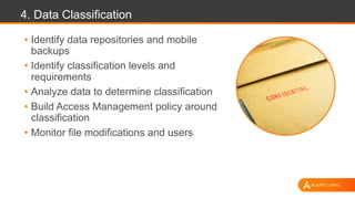 4. Data Classification
• Identify data repositories and mobile
backups
• Identify classification levels and
requirements
• Analyze data to determine classification
• Build Access Management policy around
classification
• Monitor file modifications and users
 