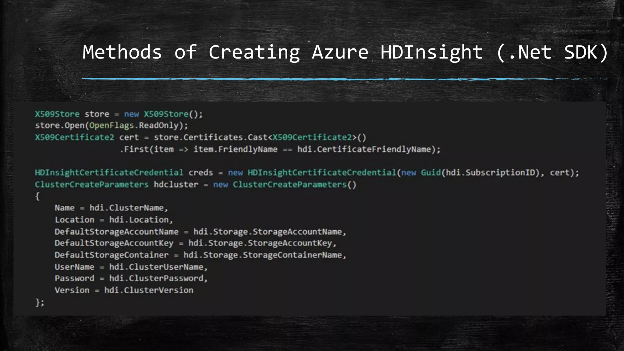 Methods of Creating Azure HDInsight (.Net SDK)
 