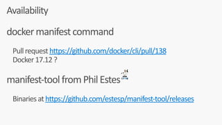 docker	manifest	command	
				Pull	request	https://github.com/docker/cli/pull/138	
				Docker	17.12	?	
manifest-tool	from	Phil	Estes	
				Binaries	at	https://github.com/estesp/manifest-tool/releases	
Availability
 