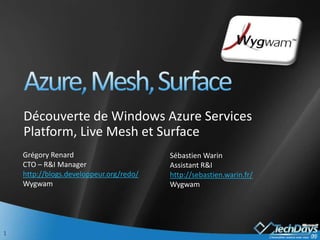 Azure, Mesh, Surface Découverte de Windows Azure Services Platform, Live Mesh et Surface Grégory Renard CTO – R&I Manager  http://blogs.developpeur.org/redo/ Wygwam Sébastien Warin Assistant R&I http://sebastien.warin.fr/ Wygwam 